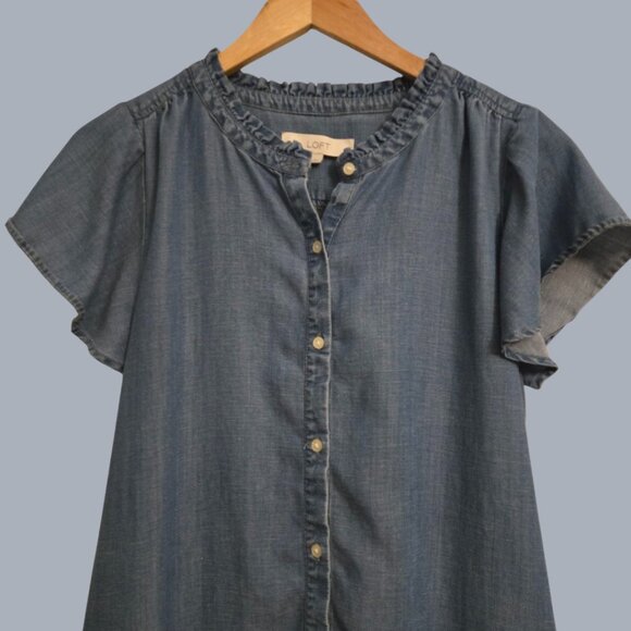 LOFT Chambray Denim Button Front Dress Women’s Size 8 Blue Ruffle Hem - Picture 2 of 4